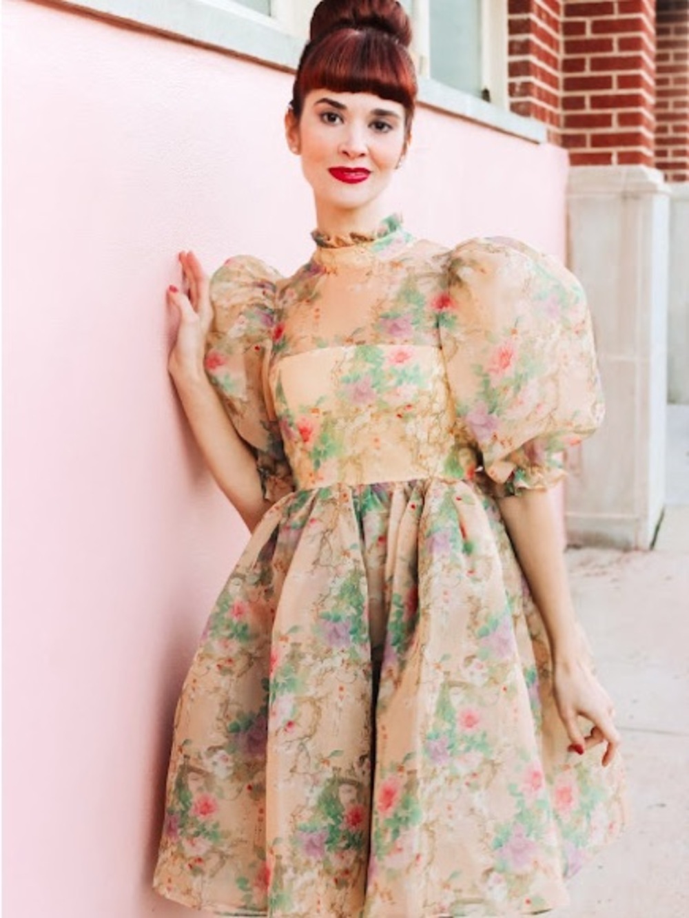 Selkie Peach Floral Organza Puff-Sleeve Mini Dress - Picture 7 of 11